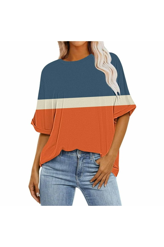 Womens Summer Tops Round Neck Oversized Tee Loose Color Block Patchwork Shirts Trendy Lightweight Blouses (Orange,XXL)