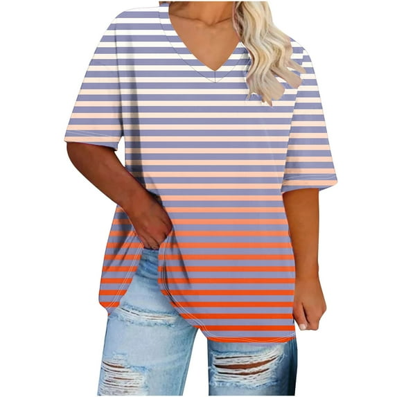 Scyoekwg Womens Summer Tops Round Neck Oversized Tee Stripe Print Shirts Lightweight Loose Trendy Blouses (Pink,XL)