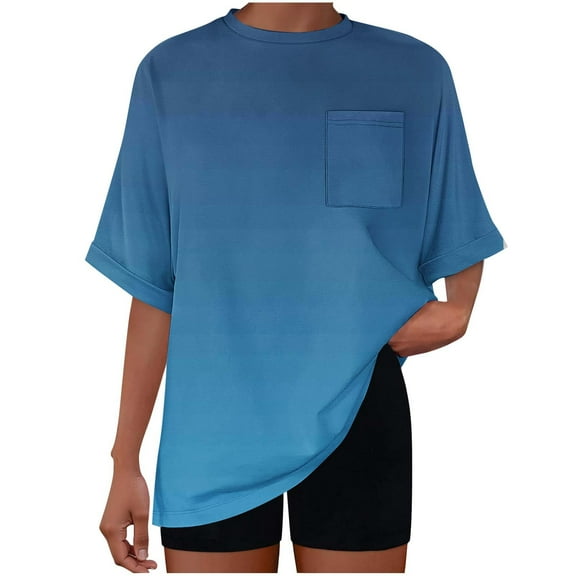 Scyoekwg Womens Summer Tops Crew Neck Short Sleeve T Shirts Dressy Casual Blouses Gradient Color Graphic Tee Loose Trendy Outfits with Pocket (Light Blue,L）