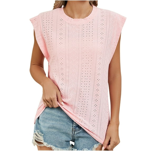 Scyoekwg Womens Summer Tops Crewneck Eyelet Tunic Shirts Short Sleeve T Shirts Trendy Solid Color Summer Loose Casual Ladies Tops Blouses (Pink,XXL)