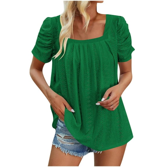 Scyoekwg Womens Summer Tops Dressy Casual Square Neck Eyelet Short Sleeve Tunic Shirts Solid Color Hollow Out Pleated Tshirts Loose Blouses (Green,L)