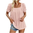 thumbnail image 1 of Scyoekwg Womens Summer Tops Dressy Casual Square Neck Eyelet Short Sleeve Tunic Shirts Solid Color Hollow Out Pleated Tshirts Loose Blouses (Pink,L), 1 of 7