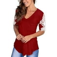 thumbnail image 1 of Scyoekwg Womens Summer Tops Lace Splicing Short Sleeve T Shirts Casual Loose Lightweight Tunic Shirts with Pocket Trendy Crewneck Solid Color Tees Shirts #0B=Red S, 1 of 4