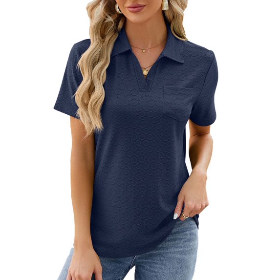 Scyoekwg Womens Summer Tops Lapel Eyelet Tunic Shirts Short Sleeve T Shirts Trendy Solid Color Loose Casual Ladies Tops Blouses (Navy,XL)