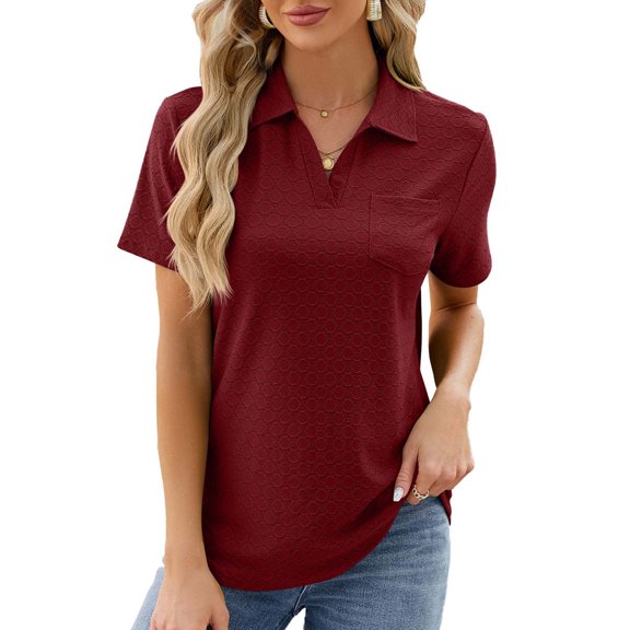 Scyoekwg Womens Summer Tops Lapel Eyelet Tunic Shirts Short Sleeve T Shirts Trendy Solid Color Loose Casual Ladies Tops Blouses (Wine,L)