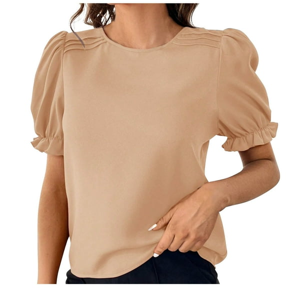 Scyoekwg Womens Summer Tops Round Neck Temperament Elegant Shirt Trendy Solid Color Lightweight Dressy Casual Blouses Loose Blouses (Beige,L)