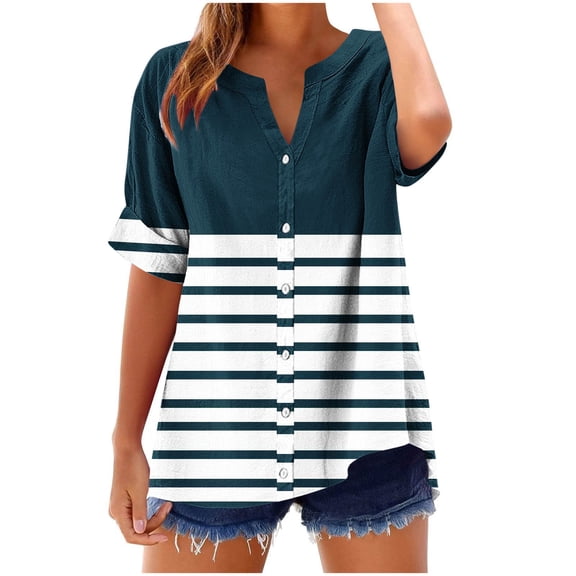 Scyoekwg Womens Summer Tops Short Sleeve V Neck Button Shirts Fashion Striped Printed Graphic Tee Loose Blouses (Navy,XXL)