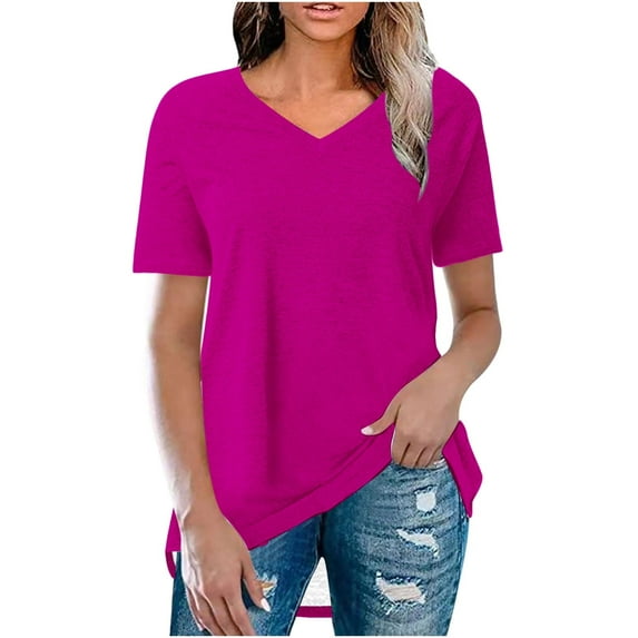 Scyoekwg Womens Summer Tops Solid Color Crewneck Regular T-shirt Ladies Tops Loose Short Sleeve Tops Comfy Casual Blouses (Hot Pink,L)
