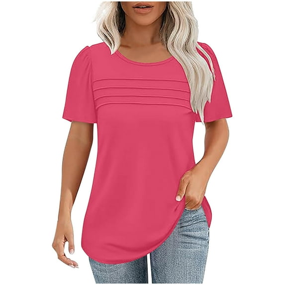 Scyoekwg Womens Summer Tops Trendy 2025 Short Sleeve T Shirts Crew Neck Pleated Front Solid Color Fashion Clothes (Hot Pink,XXL)