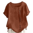 thumbnail image 1 of Scyoekwg Womens Summer Tops Trendy Plus Size Round Neck Button Shirts Casual Comfy Lightweight Solid Color Short Sleeve T Shirts Loose Blouses (Brown,XXXL), 1 of 6
