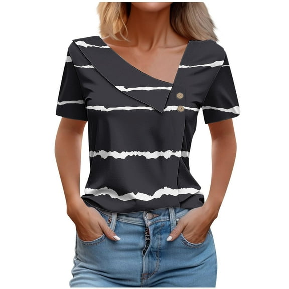 Scyoekwg Womens Summer Tops Trendy V-Neck Button Shirts Lightweight Soft Comfy Striped Printed Graphic Tee Short Sleeve T Shirts Casual Loose Blouses (Black,XL)