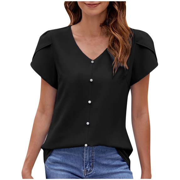 Scyoekwg Womens Summer Tops Trendy V-Neck Petals Sleeve Elegant Shirts Comfy Solid Color Short Sleeve T Shirts Casual Loose Lightweight Blouses (Black,XXL)