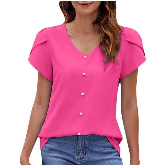 Scyoekwg Womens Summer Tops Trendy V-Neck Petals Sleeve Elegant Shirts Comfy Solid Color Short Sleeve T Shirts Casual Loose Lightweight Blouses (Hot Pink,L)
