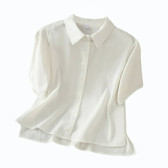 Scyoekwg Womens Summer Tops Turndown Collar Button Shirt Shirts Solid Color Loose Lightweight Trendy Blouses (White,L)