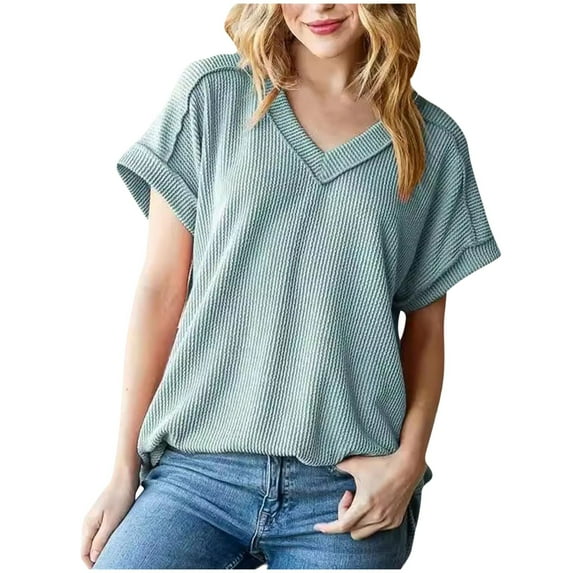 Scyoekwg Womens Summer Tops V Neck Tshirt Trendy Solid Color Shirts Loose Lightweight Blouses (Green,XL)