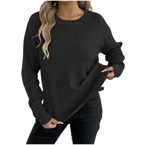Scyoekwg Womens Sweaters Fall Long Sleeve Tops Casual Loose Crew Neck Knitted Pullover Winter Warm Sweaters Tops (Black,L)