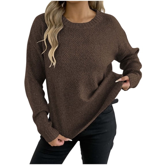 Scyoekwg Womens Sweaters Fall Long Sleeve Tops Casual Loose Crew Neck Knitted Pullover Winter Warm Sweaters Tops (Coffee,S)