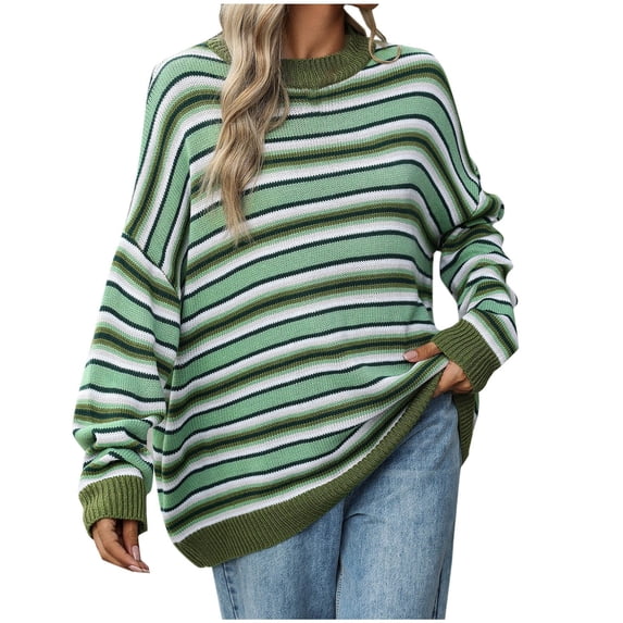 Scyoekwg Womens Sweaters Knitted Sweater Striped Crewneck Sweater Warm Casual Fall Winter Clothes Long Sleeve Pullover Sweater Tops(Green,S)