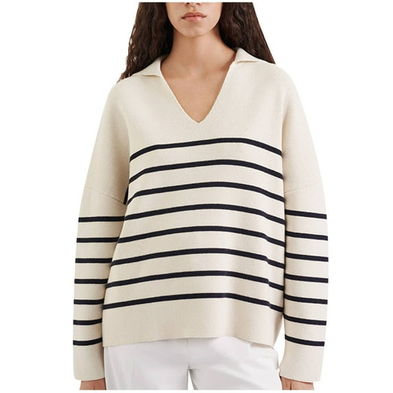 Scyoekwg Womens Sweaters Long Sleeve Striped Warm Casual Fall Winter Clothes V-Neck Sweater Knitted Sweater Pullover Sweater Tops(Beige,M)