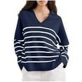 thumbnail image 1 of Scyoekwg Womens Sweaters Long Sleeve Striped Warm Casual Fall Winter Clothes V-Neck Sweater Knitted Sweater Pullover Sweater Tops(Dark Blue,M), 1 of 6