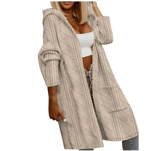 Scyoekwg Womens Sweaters Open Front Hooded Mid-Length Cardigan Sweater Coat Outwear Winter Warm Jackets Casual Solid Color Loose Long Sleeve Outerwear (Khaki,XXL)