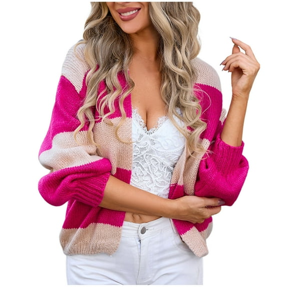 Scyoekwg Womens Sweaters Open Front Sweater Cardigan Coat Winter Warm Jackets Color Block Outwear Casual Long Sleeve Loose Outerwear (Hot Pink,XL)