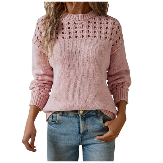 Scyoekwg Womens Sweaters Solid Color Warm Casual Long Sleeve Crewneck Sweater Knitted Sweater Fall Winter Clothes Pullover Sweater Tops(Pink,L)