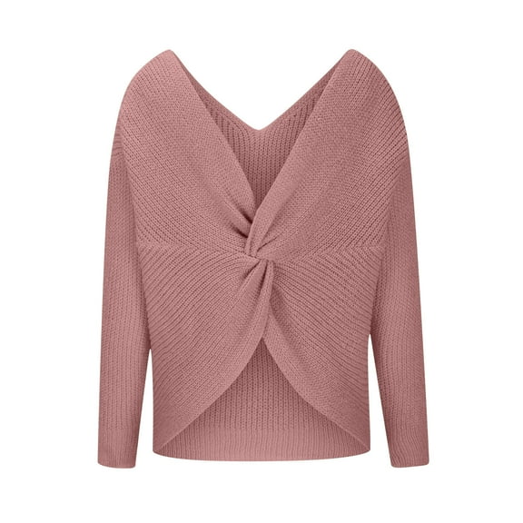 Scyoekwg Womens Sweaters V-Neck Sweater Fall Winter Clothes Long Sleeve Solid Color Warm Casual Knitted Sweater Pullover Sweaters(Pink,S)