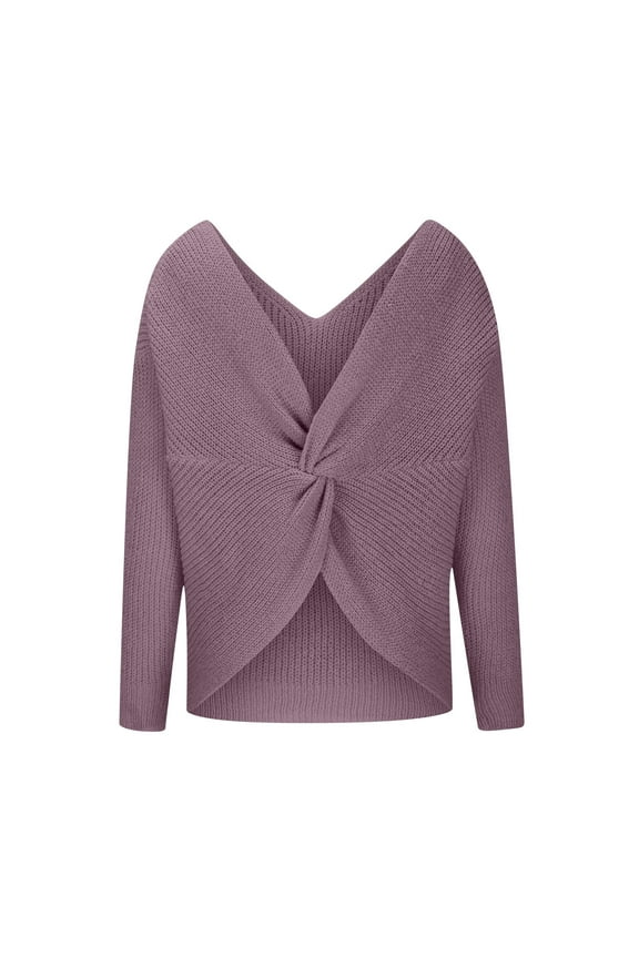 Womens Sweaters V-Neck Sweater Fall Winter Clothes Long Sleeve Solid Color Warm Casual Knitted Sweater Pullover Sweaters(Purple,XL)