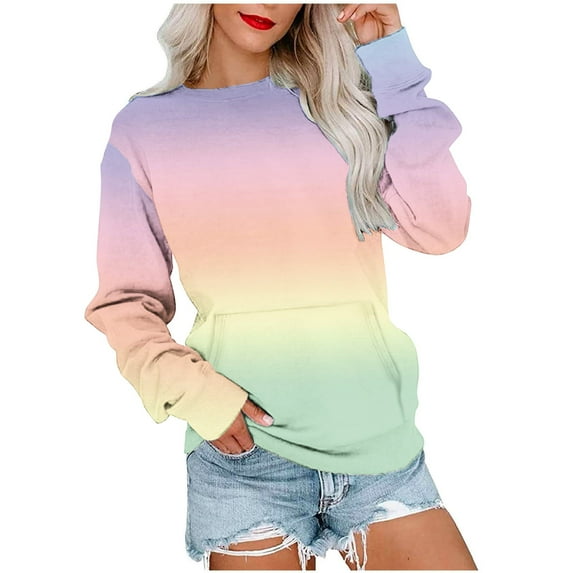 Scyoekwg Womens Sweatshirt Gradient Color Fall Sweatshirt Loose Crewneck Sweatshirt with Pocket Long Sleeve Pullover Casual Sweatshirts for Teen Girls(Pink,XL)