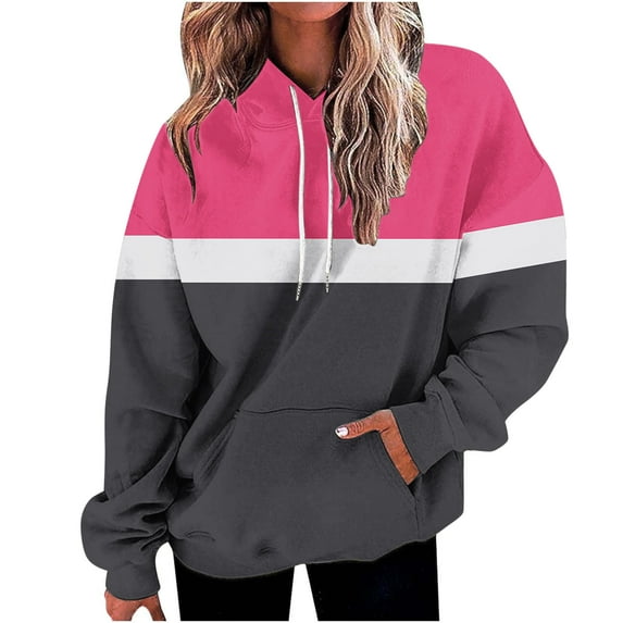 Scyoekwg Womens Sweatshirt Hooded Hoodie Sweatshirt with Pocket Long Sleeve Comfy Casual Blouses Color Block Patchwork Graphic Sweatshirts Loose Plus Size Pullover (Hot Pink,L)