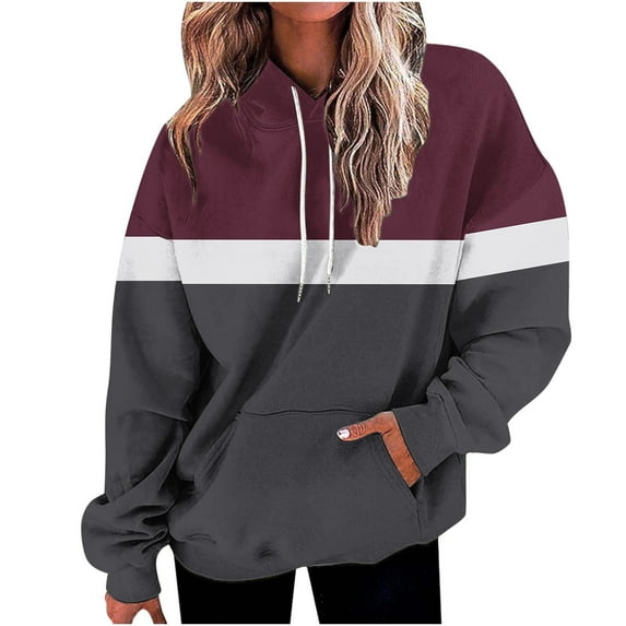 Scyoekwg Womens Sweatshirt Hooded Hoodie Sweatshirt with Pocket Long Sleeve Comfy Casual Blouses Color Block Patchwork Graphic Sweatshirts Loose Plus Size Pullover (Wine,XXXL)