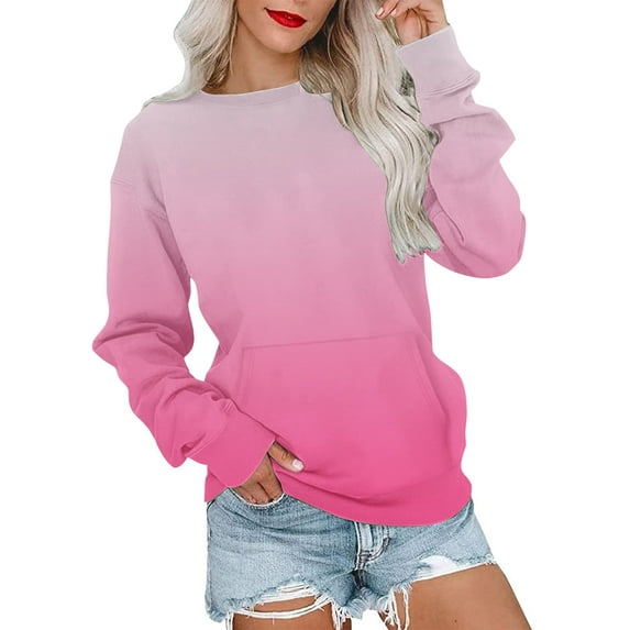 Scyoekwg Womens Sweatshirt Lightweight Dressy Blouse Comfy Long Sleeve Tops Round Neck Sweatshirt Casual Gradient Color Graphic Tee Loose Pullover (Hot Pink,XL)