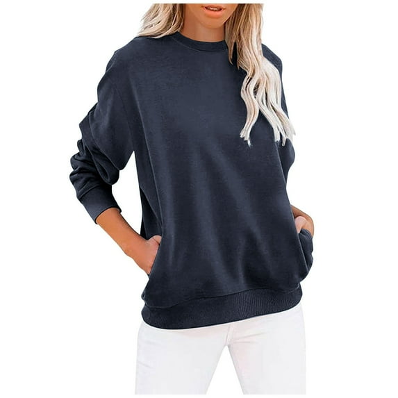 Scyoekwg Womens Sweatshirt Long Sleeve Crewneck Ladies Sweatshirt with Pocket Loose Pullover Casual Solid Color Fall Sweatshirt Pullover(Navy,XXL)