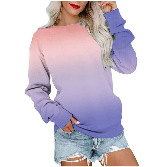 Scyoekwg Womens Sweatshirt Long Sleeve Tops Round Neck Sweatshirt Casual Loose Gradient Color Graphic Tee Lightweight Comfy Dressy Blouse Pullover Clearance (Pink,L)