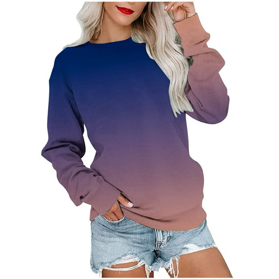 Scyoekwg Womens Sweatshirt Long Sleeve Tops Round Neck Sweatshirt Casual Loose Gradient Color Graphic Tee Lightweight Comfy Dressy Blouse Pullover Clearance (Purple,XL)
