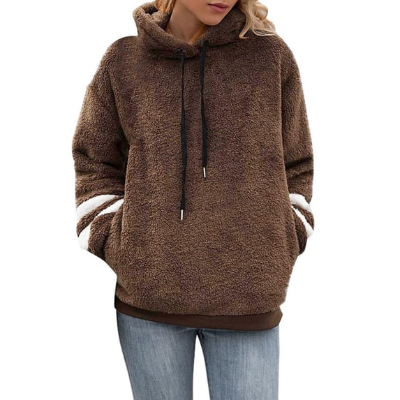 Scyoekwg Womens Sweatshirt Plush Hooded Drawstring with Pocket Pullover Sweatshirt Trendy Pullover Tops Classic Solid Colors Casual Hoodie Tops Ladies Sweatshirts Long Sleeve Coffee XL