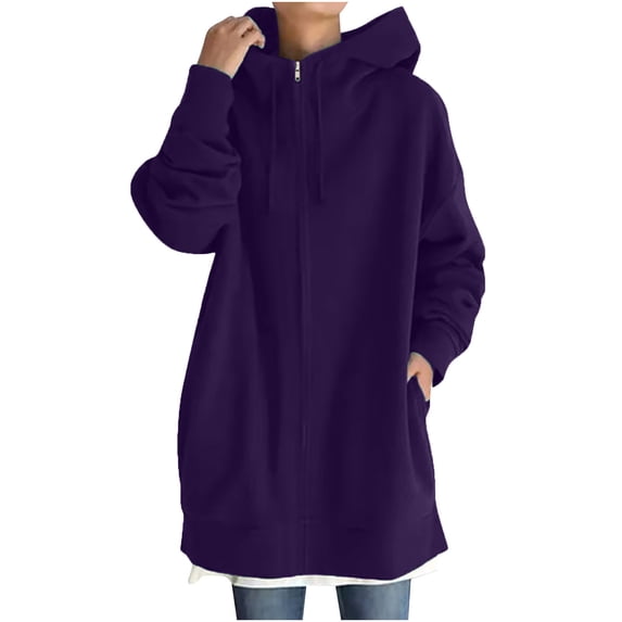 Scyoekwg Womens Sweatshirt Solid Color Coat Long Sleeve Hooded Neck Overcoat Casual Hoodie Zipper Sweatshirts Long Coat Tops with Pockets Purple XXL