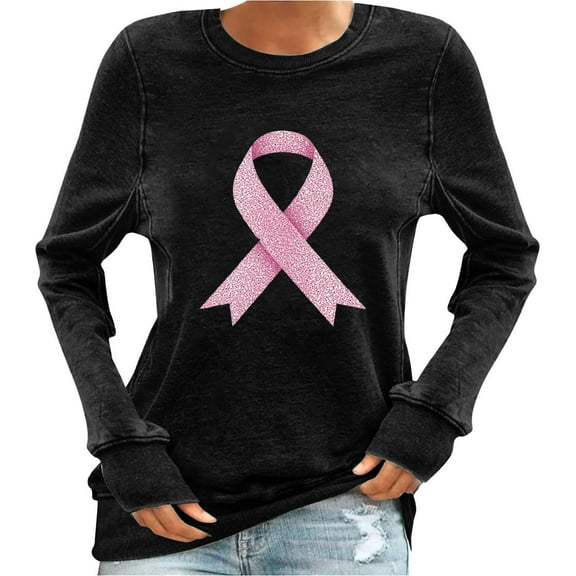 Scyoekwg Womens Sweatshirts Breast Cancer Awareness Sweatshirts Casual Long Sleeve Pink Ribbon Graphic Sweatshirt Crewneck Fall Loose Pullover (Black,L)