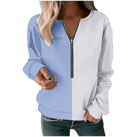Scyoekwg Womens Sweatshirts Long Sleeve Dressy Casual Fall Loose V-Neck Half Zipper Shirts Color Block Patchwork Graphic Tops Trendy Y2k Clothes Pullover Tops(Light Blue,S)