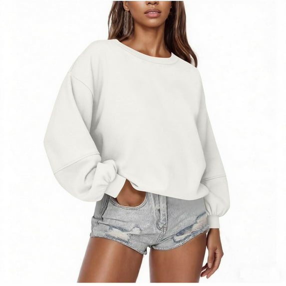 Scyoekwg Womens Sweatshirts Oversized Crewneck Thin Fleece Sweatshirts Trendy Cute Long Sleeve Drop Shoulder Sleece Sweatshirts Pullover (White,L)
