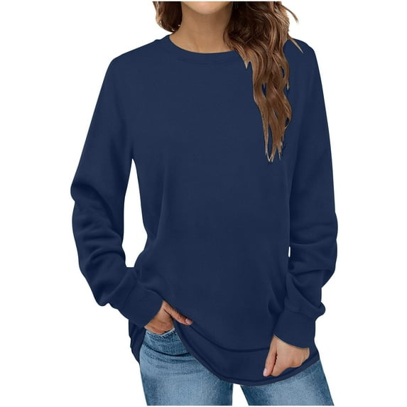 Scyoekwg Womens Sweatshirts Round Neck Sweatshirt Casual Dressy Blouse Loose Lightweight Comfy Solid Color Long Sleeve Tops Pullover Clearance (Navy,XL)