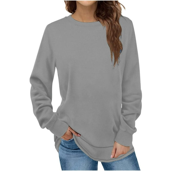 Scyoekwg Womens Sweatshirts Solid Color Long Sleeve Tops Round Neck Sweatshirt Casual Loose Dressy Blouse Comfy Lightweight Pullover (Gray,S)