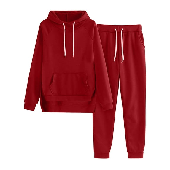 Scyoekwg Womens Sweatsuits 2 Piece Set Fall Casual Drawstring Hoodies and Pants Sets 2 Piece Outfits Solid Color Jogger Sets Track Suits (Red,S)