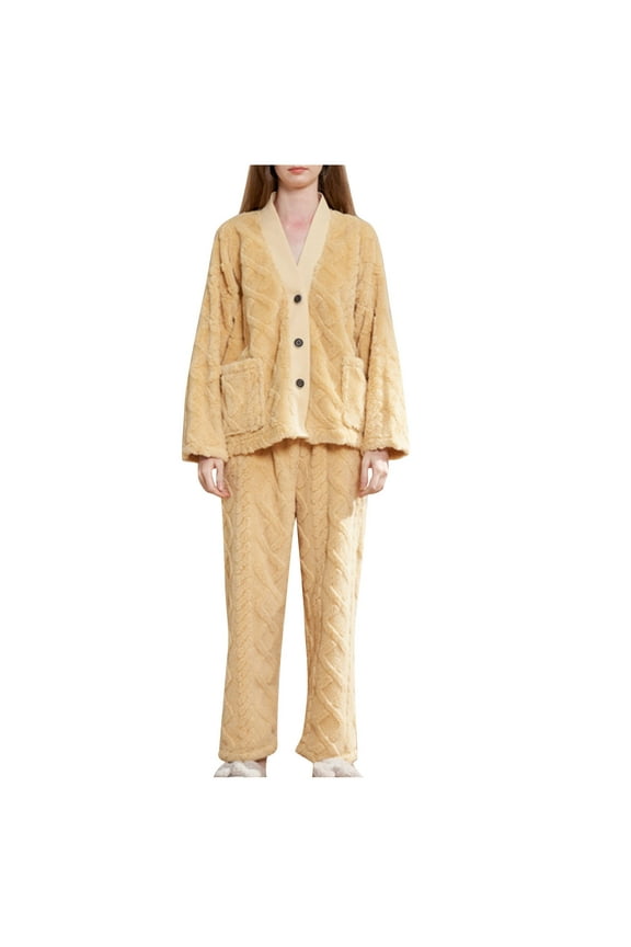 Womens Sweatsuits 2 Piece Set Fall Outfits Fall winter Thickened Thermal Flannel Warm Homewear Set Long Sleeve Coat Wide Leg Pants Two Piece Set Casual Lounge Set (Yellow,M)