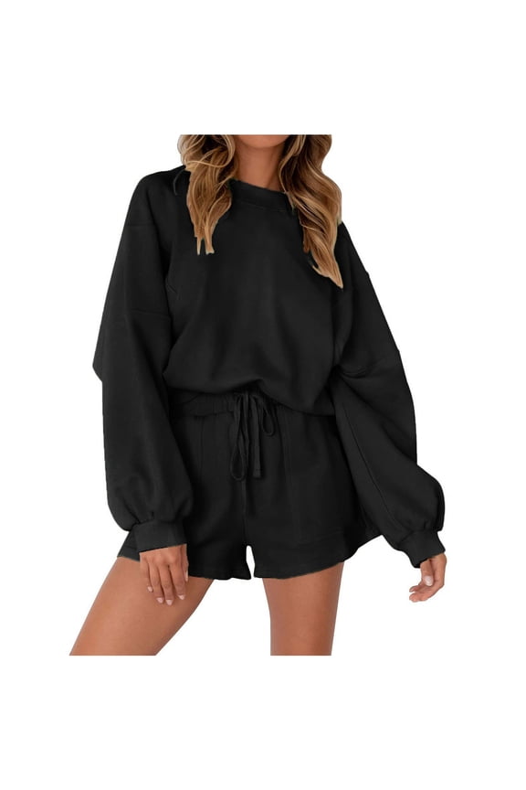 Womens Sweatsuits 2 Piece Set Fall Outfits Long Sleeve Sweatshirt Shorts Matching Outfits Two Piece Set Fashion Casual Outfits Sets (Black,S)
