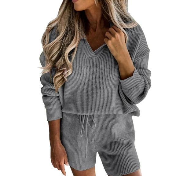 Scyoekwg Womens Sweatsuits 2 Piece Set Fall Outfits V-Neck Long Sleeve Sweatshirt Shorts Fashion Casual Matching Outfits Two Piece Set Lounge Set (Gray,L)