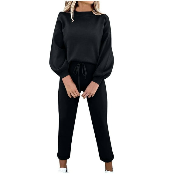 Scyoekwg Womens Sweatsuits 2 Piece Set Solid Color Round Neck Long Sleeve Tops Pullover Elastic Waist Sweatpants Workout Athletic Tracksuits (Black,M)