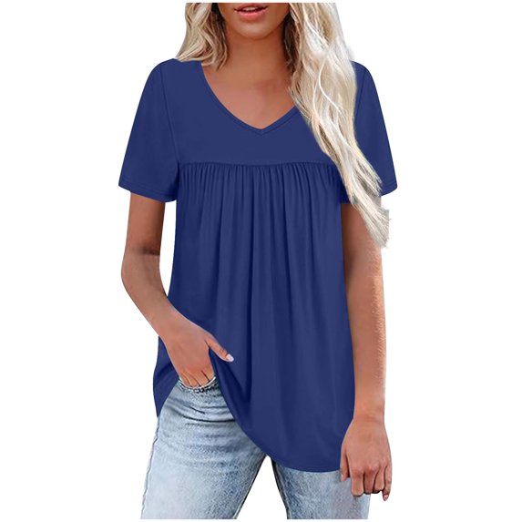 Scyoekwg Womens T Shirts Short Sleeve Tunic Tops Solid Color Pleated Dressy Casual V Neck Summer Tops Loose Blouses to Wear with Leggings (Navy,L)