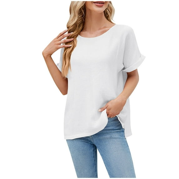 Scyoekwg Womens T Shirts Trendy Round Neck Basic Dressy Tunic Shirts Short Sleeve T Shirts Summer Comfy Solid Color Lightweight Casual Loose Blouses (White,L)